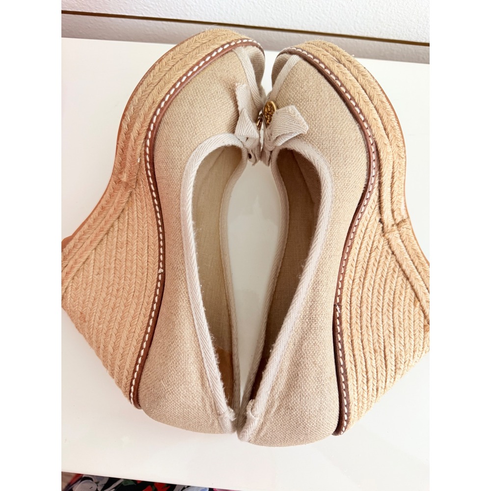 Tory Burch Logo Jackie Espadrille Wedge Sandals Gold Canvas Peep Toe Bow 9 B - Picture 6 of 7
